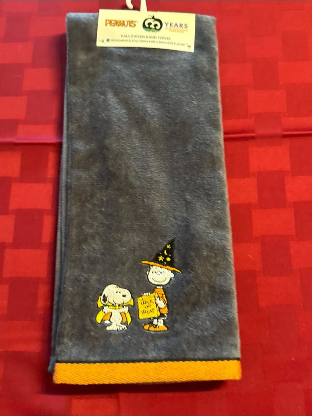 Peanuts Gray Hand Towel with Yellow Trim and Halloween Embroidery